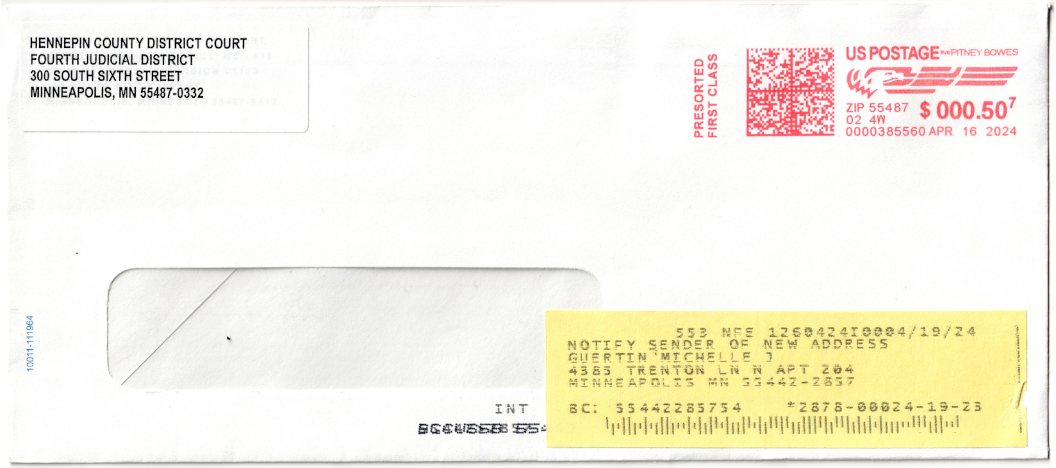 Cloned response envelope as received, USPS postmarked April 16, 2024